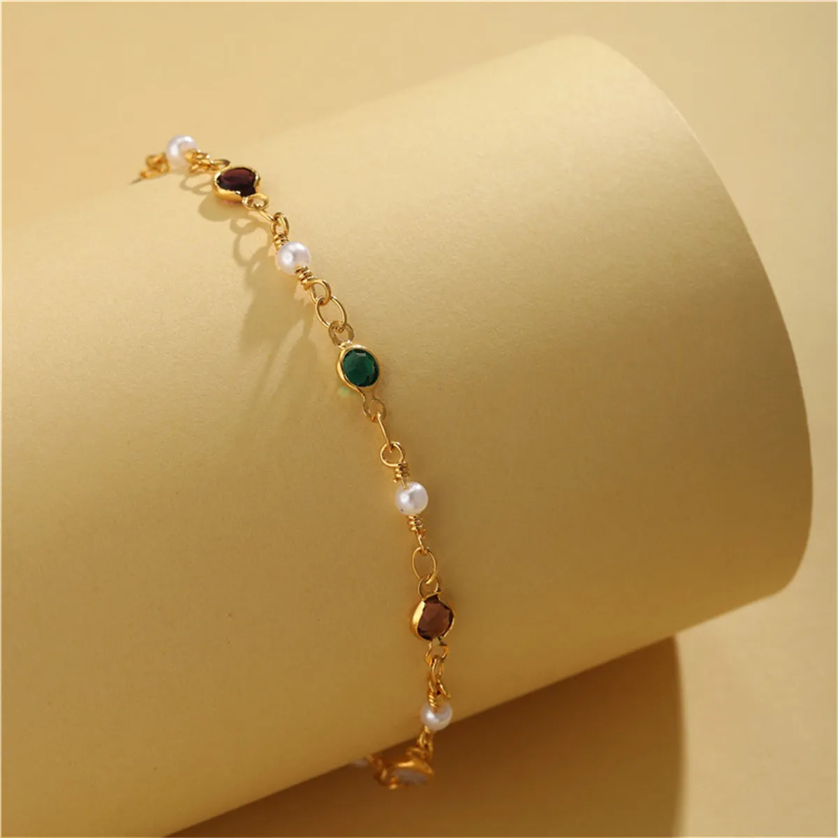 Green Crystal & Pearl 18K Gold-Plated Adjustable Bracelet