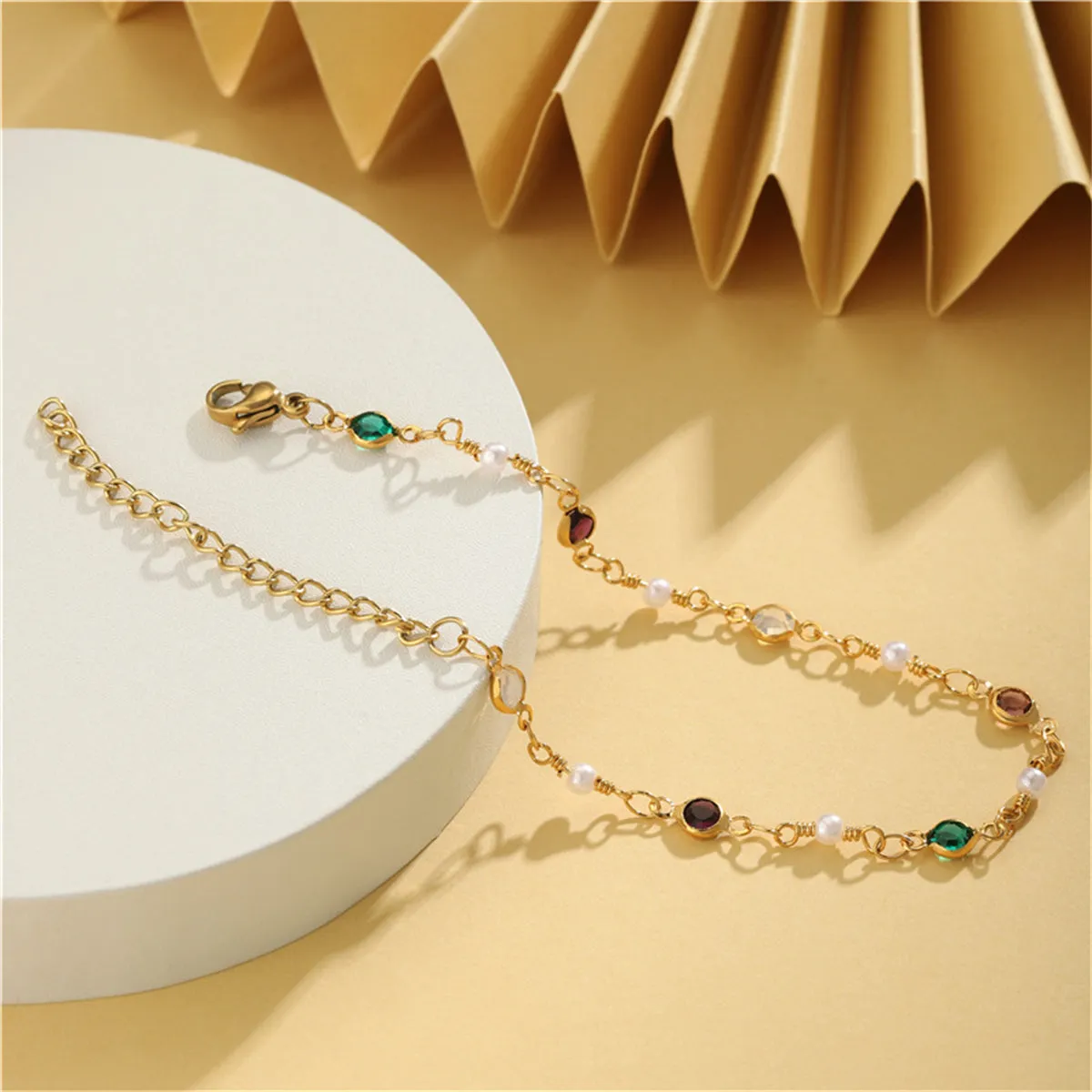 Green Crystal & Pearl 18K Gold-Plated Adjustable Bracelet