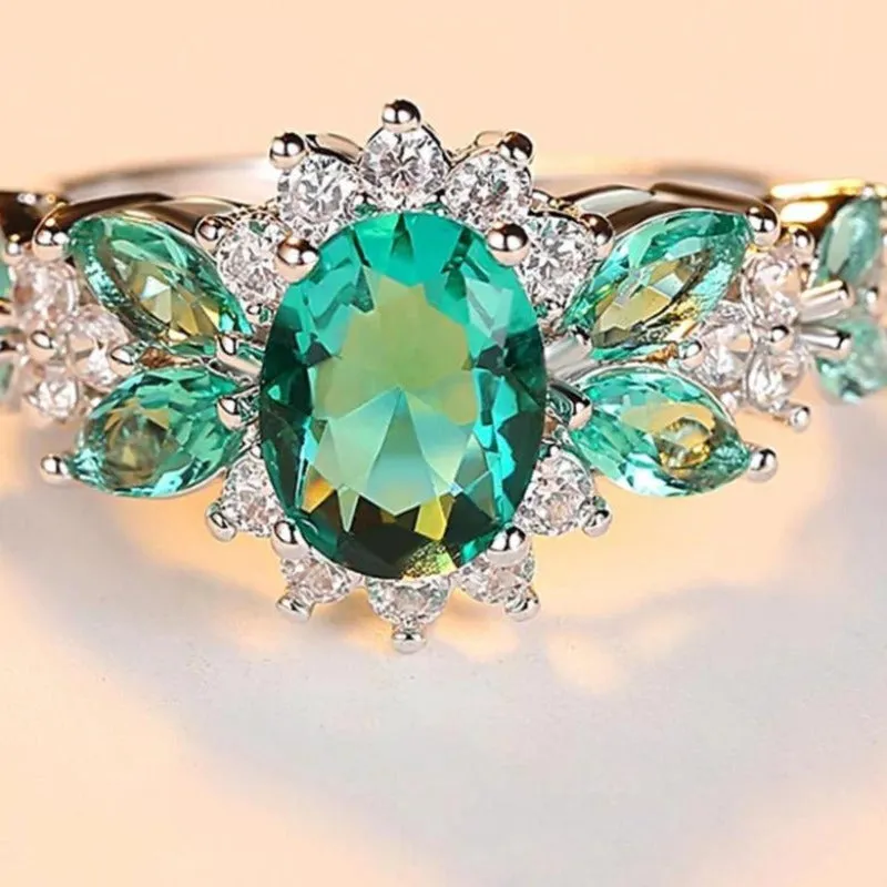 Green Emerald Gemstone Ring Standard Silver Women Wedding Jewelry