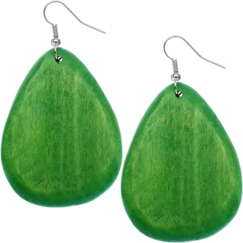 Green Wooden Pear Shaped Drop Earrings