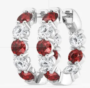 Grown Ruby & Diamond Hoop Earrings in 14K White Gold