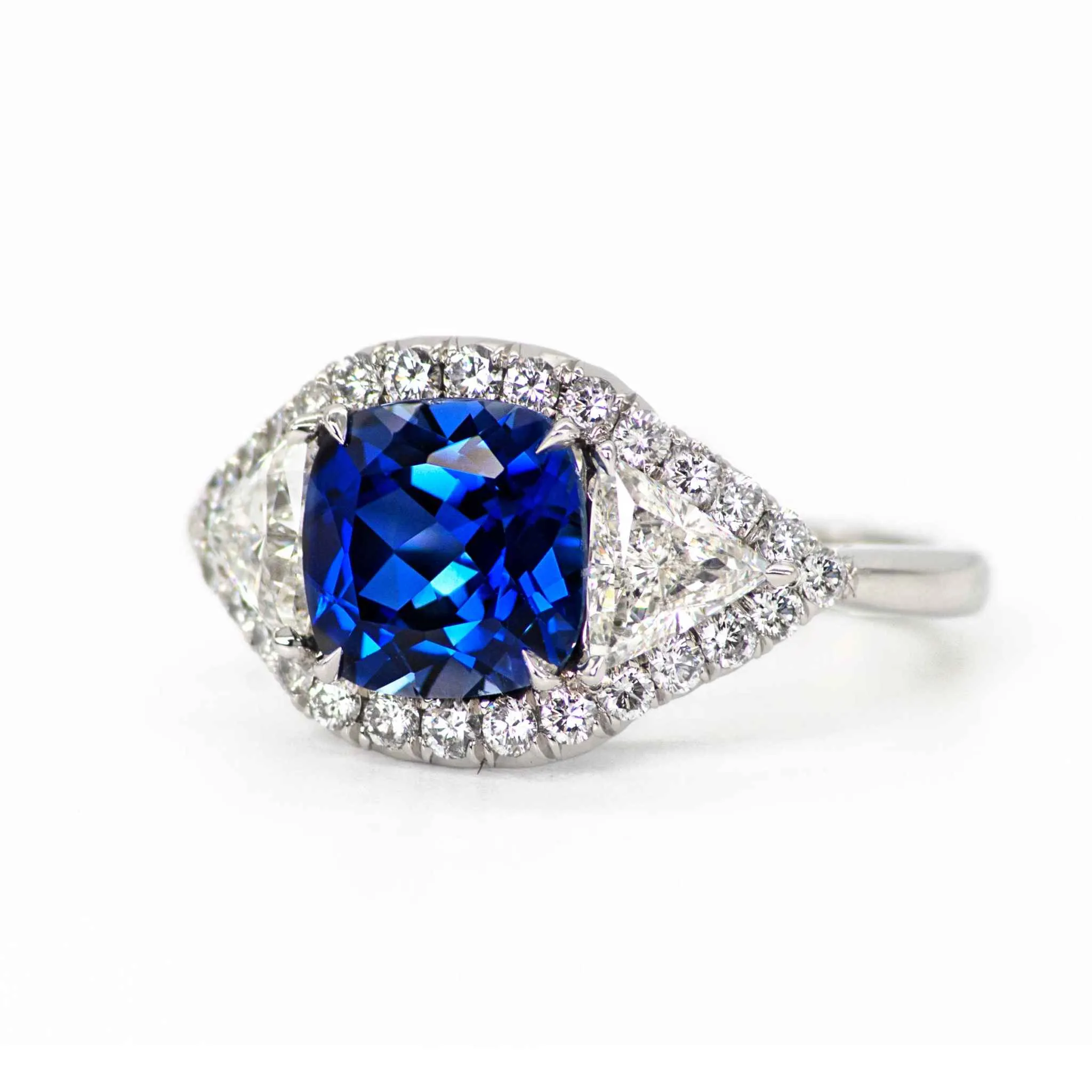 Hailey 3 Stone Halo Sapphire and Diamond Ring