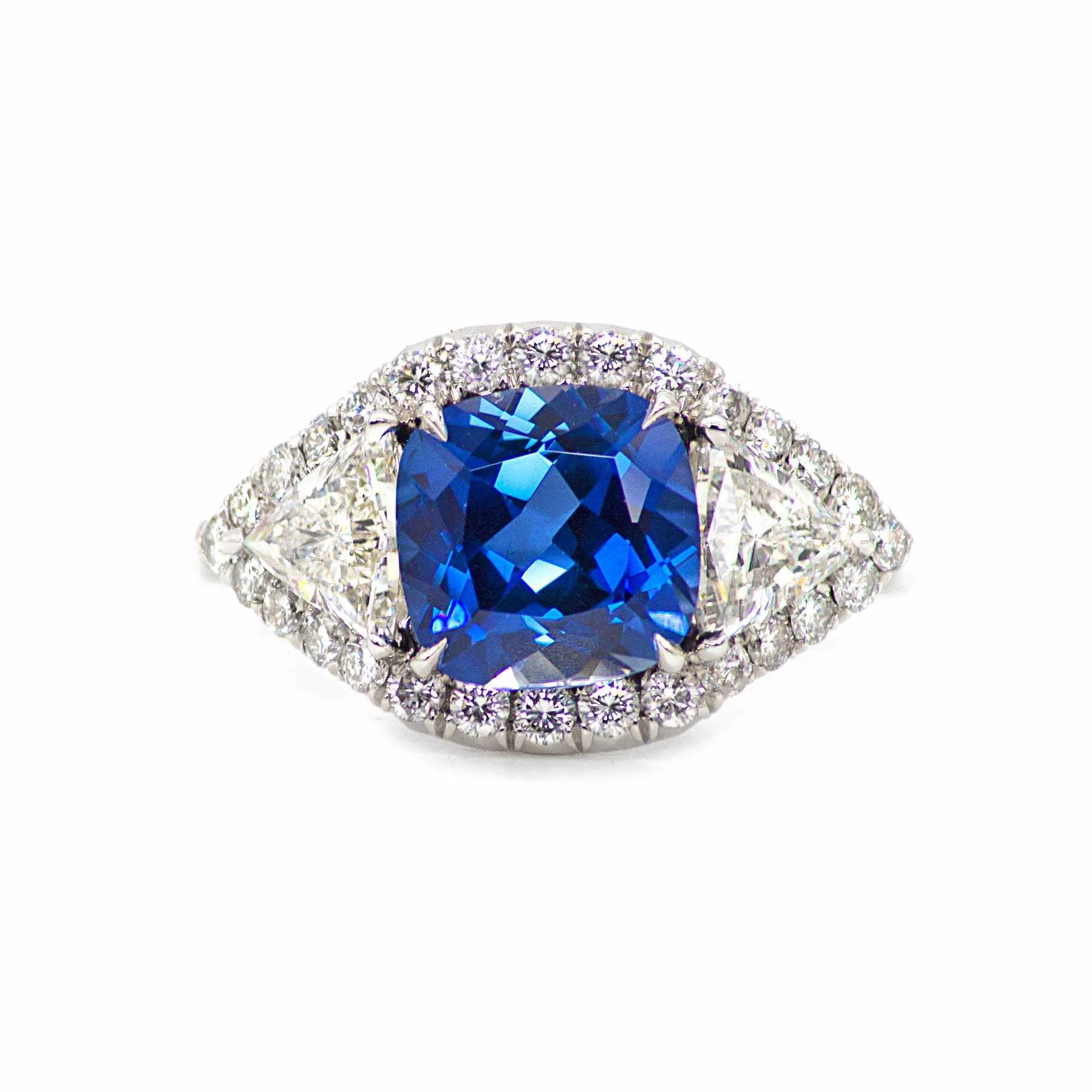 Hailey 3 Stone Halo Sapphire and Diamond Ring