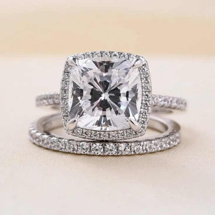 Halo Cushion Cut Simulated Diamond Wedding Ring Set
