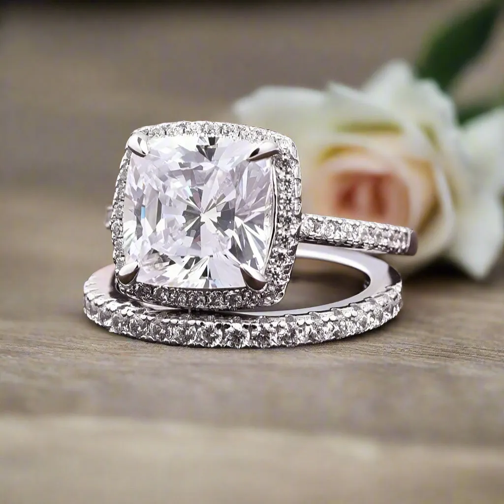 Halo Cushion Cut Simulated Diamond Wedding Ring Set