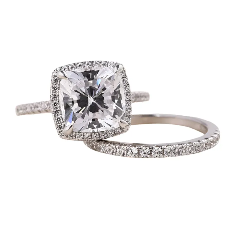 Halo Cushion Cut Simulated Diamond Wedding Ring Set