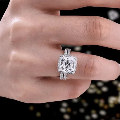 Halo Cushion Cut Simulated Diamond Wedding Ring Set