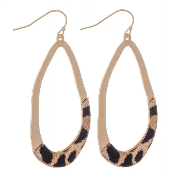 Hammered Asymmetrical Leopard Print Teardrop Earrings