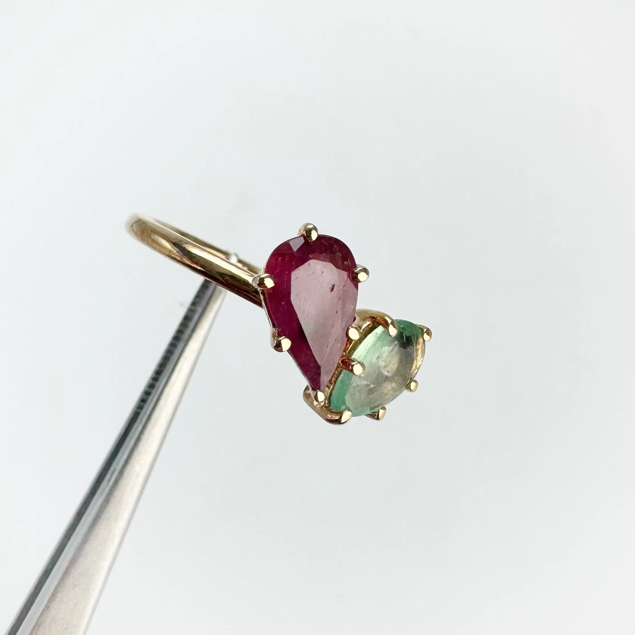 Handmade 5 x 8 mm. Pear Cut Red Purple Thai Ruby and Emerald Cluster Ring (Blemished)