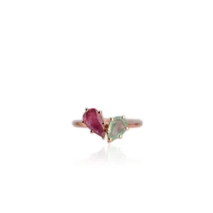 Handmade 5 x 8 mm. Pear Cut Red Purple Thai Ruby and Emerald Cluster Ring (Blemished)