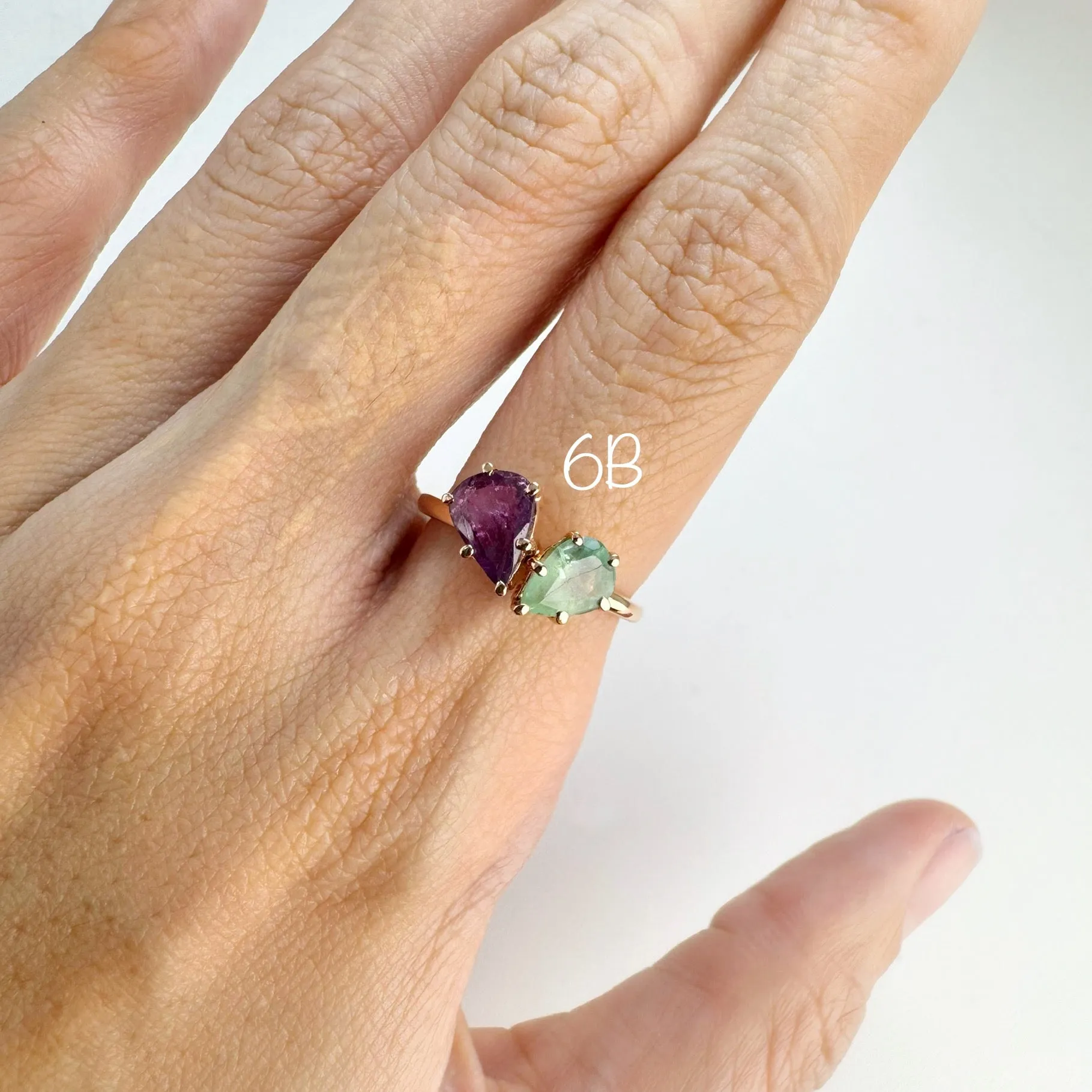 Handmade 5 x 8 mm. Pear Cut Red Purple Thai Ruby and Emerald Cluster Ring (Blemished)