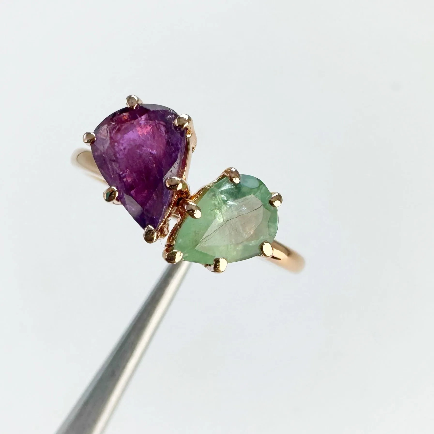 Handmade 5 x 8 mm. Pear Cut Red Purple Thai Ruby and Emerald Cluster Ring (Blemished)