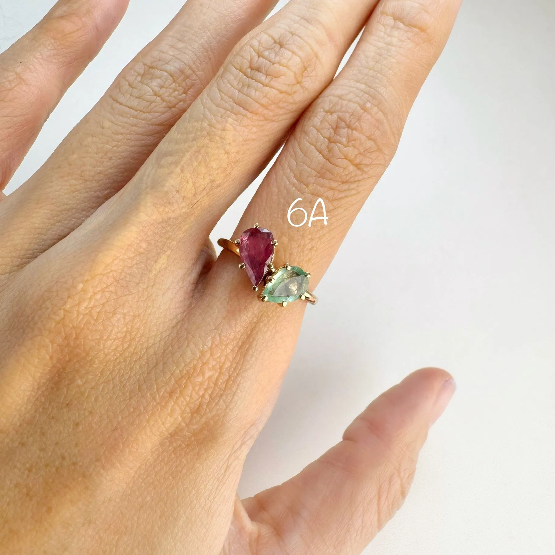 Handmade 5 x 8 mm. Pear Cut Red Purple Thai Ruby and Emerald Cluster Ring (Blemished)