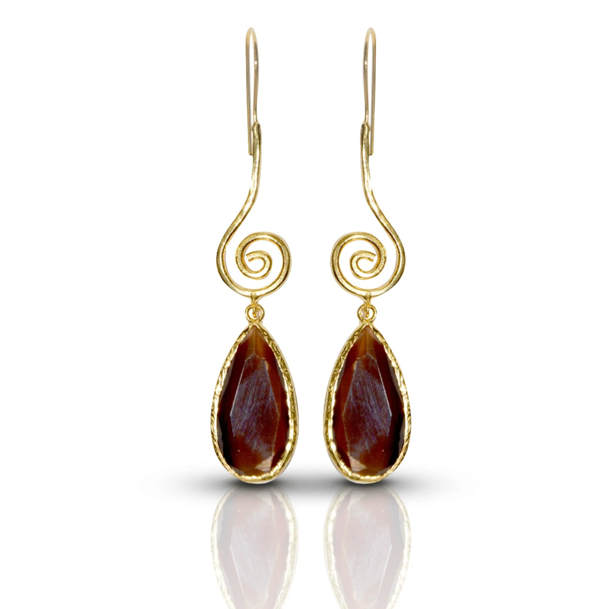 Handmade Gold-Plated Spiral Earrings | Teardrop Brown Cat Eye Stone | Artisan Crafted Jewelry | Unique Drop Earrings