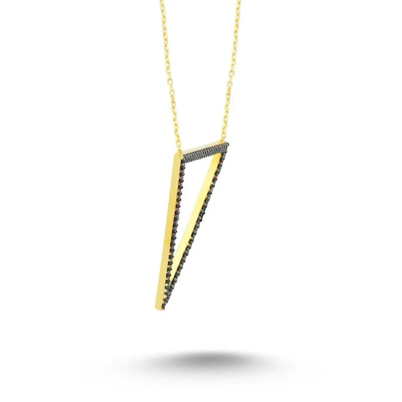 Handmade Sterling Silver Triangle Pendant Necklace with Black CZ Crystals and Chain Extension - Bold Black Jewelry