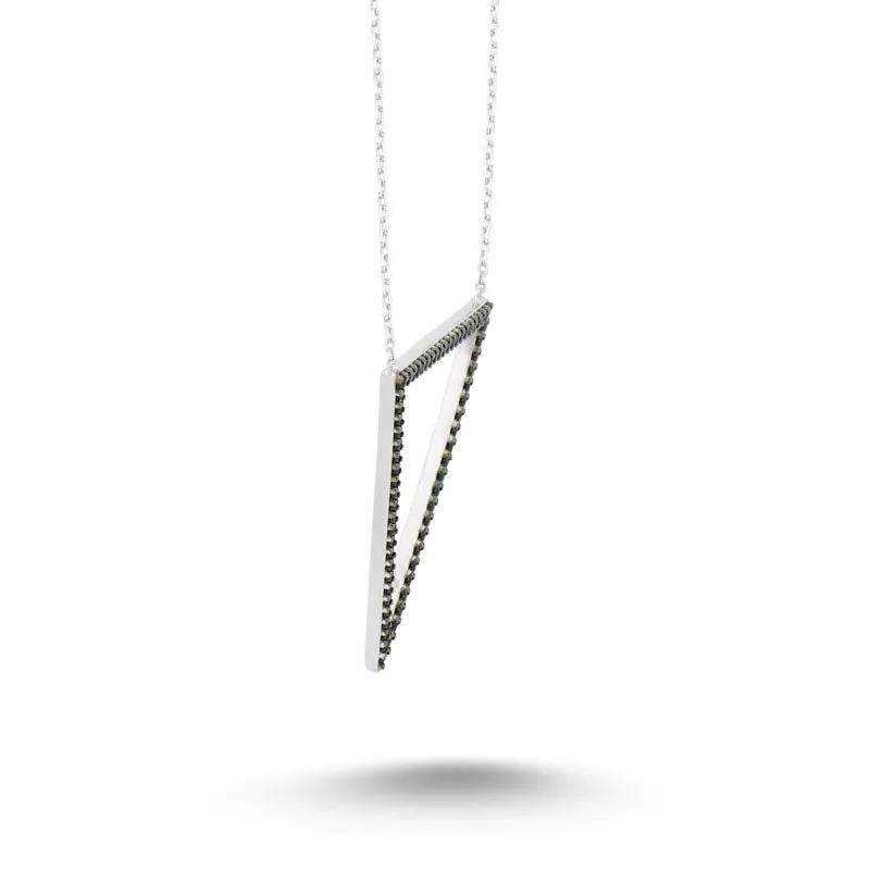 Handmade Sterling Silver Triangle Pendant Necklace with Black CZ Crystals and Chain Extension - Bold Black Jewelry