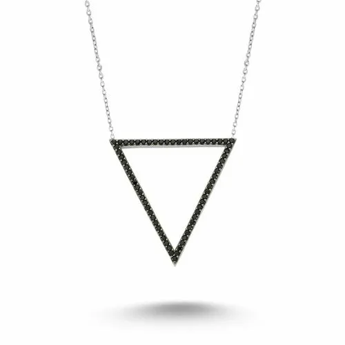 Handmade Sterling Silver Triangle Pendant Necklace with Black CZ Crystals and Chain Extension - Bold Black Jewelry