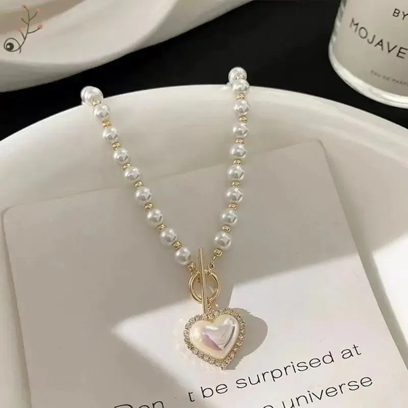 Heart Pearl Earrings Necklaces Set Elegant Charm French Romantic Clavicle Chain Anniversary Gift Jewelry Set Collares