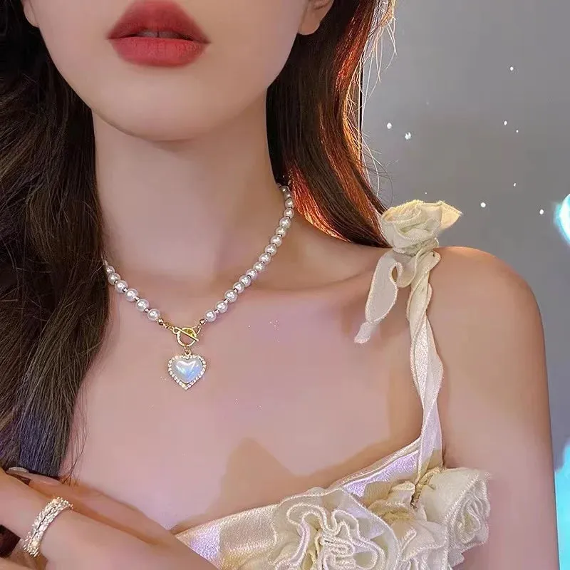 Heart Pearl Earrings Necklaces Set Elegant Charm French Romantic Clavicle Chain Anniversary Gift Jewelry Set Collares