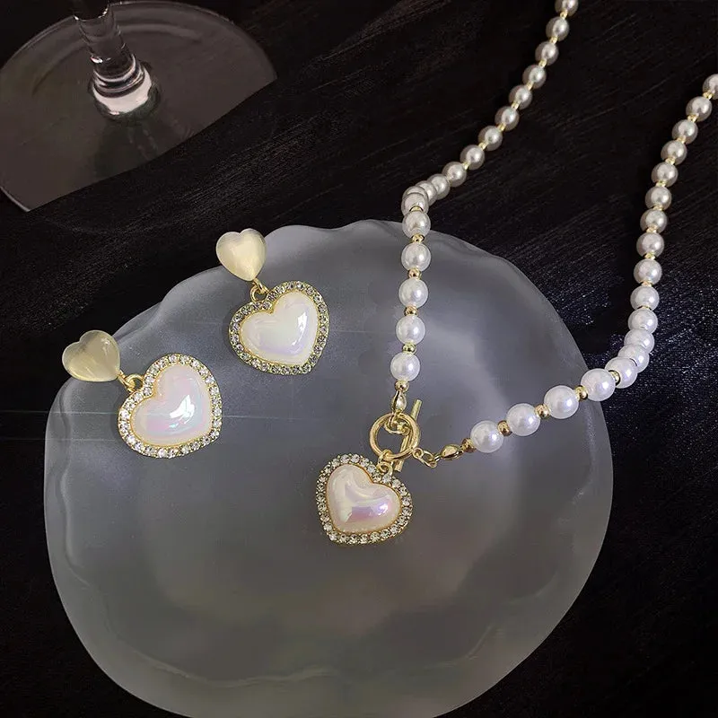 Heart Pearl Earrings Necklaces Set Elegant Charm French Romantic Clavicle Chain Anniversary Gift Jewelry Set Collares