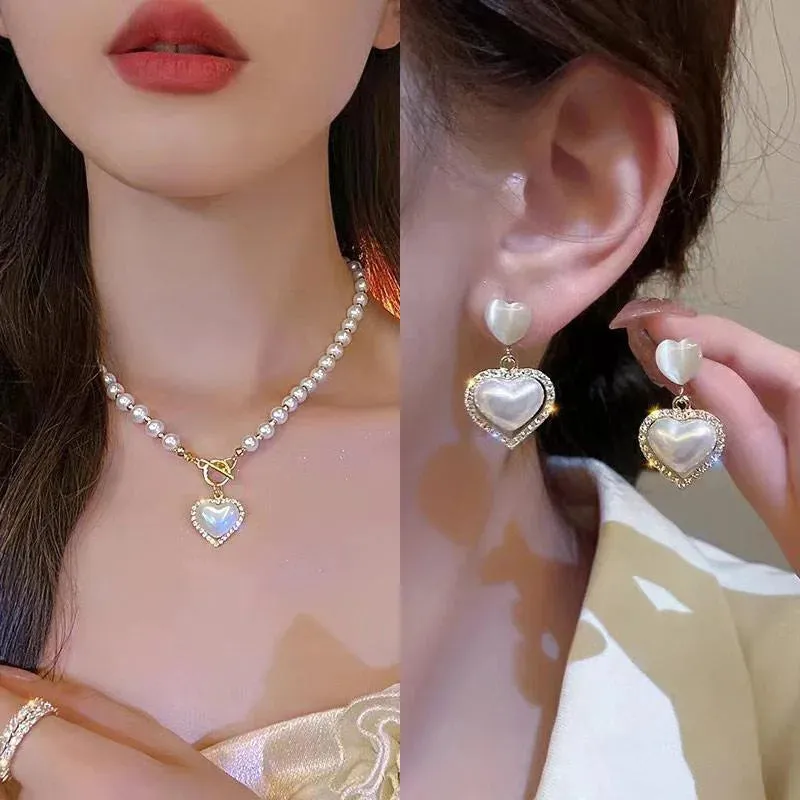 Heart Pearl Earrings Necklaces Set Elegant Charm French Romantic Clavicle Chain Anniversary Gift Jewelry Set Collares