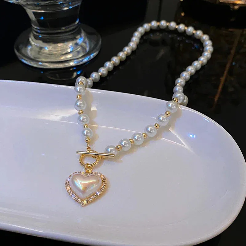 Heart Pearl Earrings Necklaces Set Elegant Charm French Romantic Clavicle Chain Anniversary Gift Jewelry Set Collares