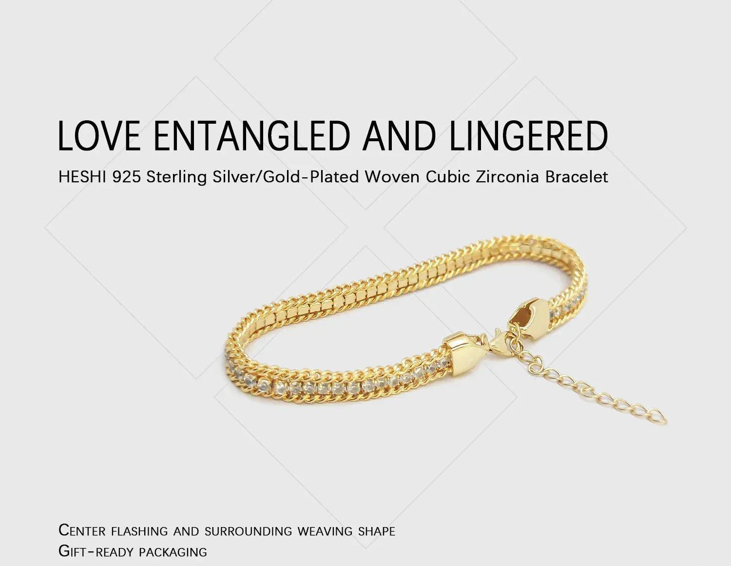 HESHI 925 Sterling Silver with Platinum Plated/18k Gold-Plated Glitter Woven Cubic Zirconia Fashion Bracelet Gift for Women Men