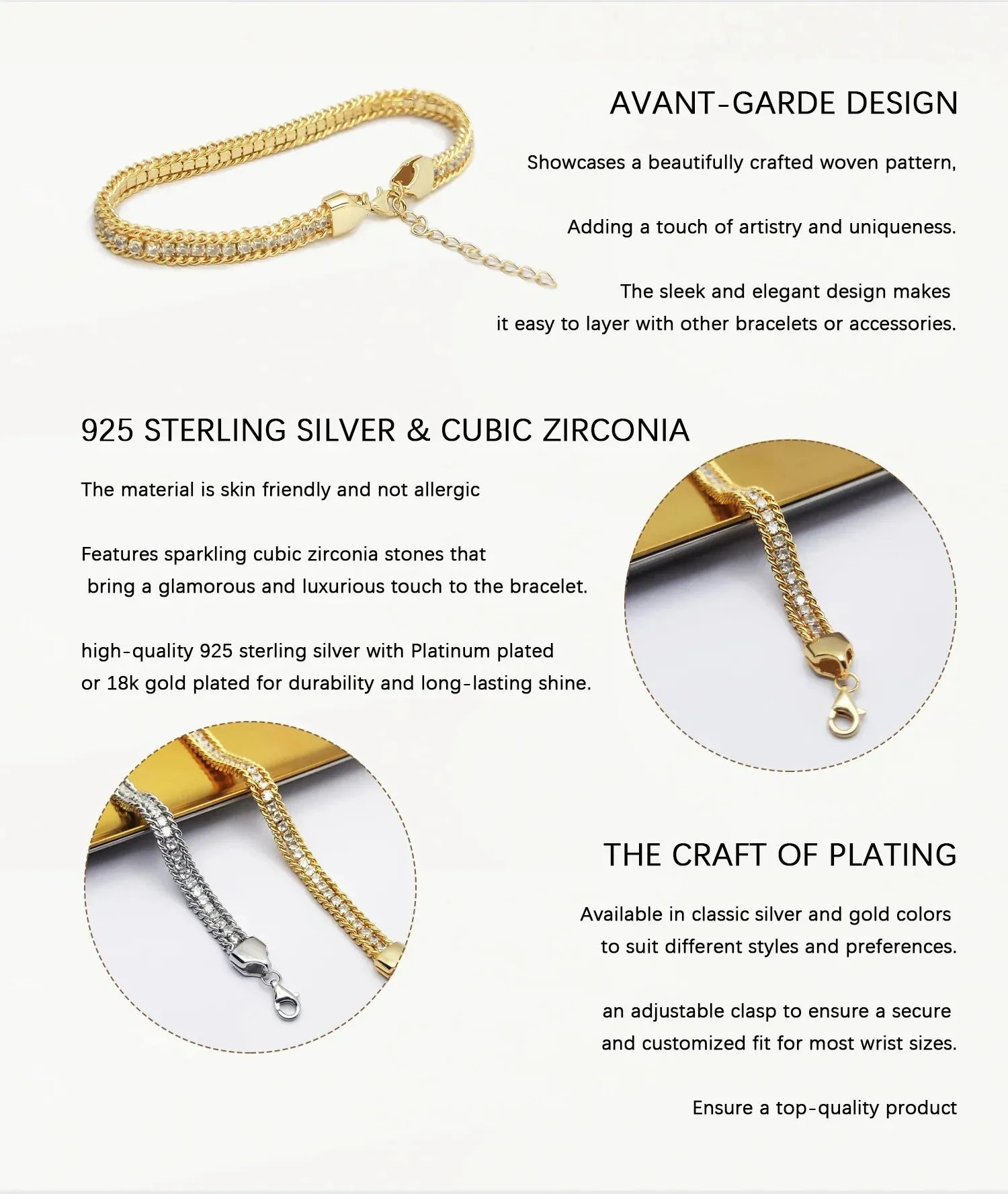 HESHI 925 Sterling Silver with Platinum Plated/18k Gold-Plated Glitter Woven Cubic Zirconia Fashion Bracelet Gift for Women Men