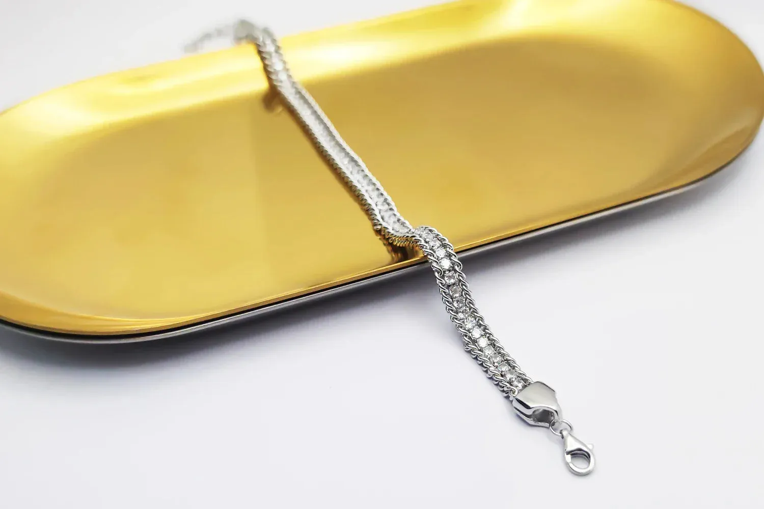 HESHI 925 Sterling Silver with Platinum Plated/18k Gold-Plated Glitter Woven Cubic Zirconia Fashion Bracelet Gift for Women Men