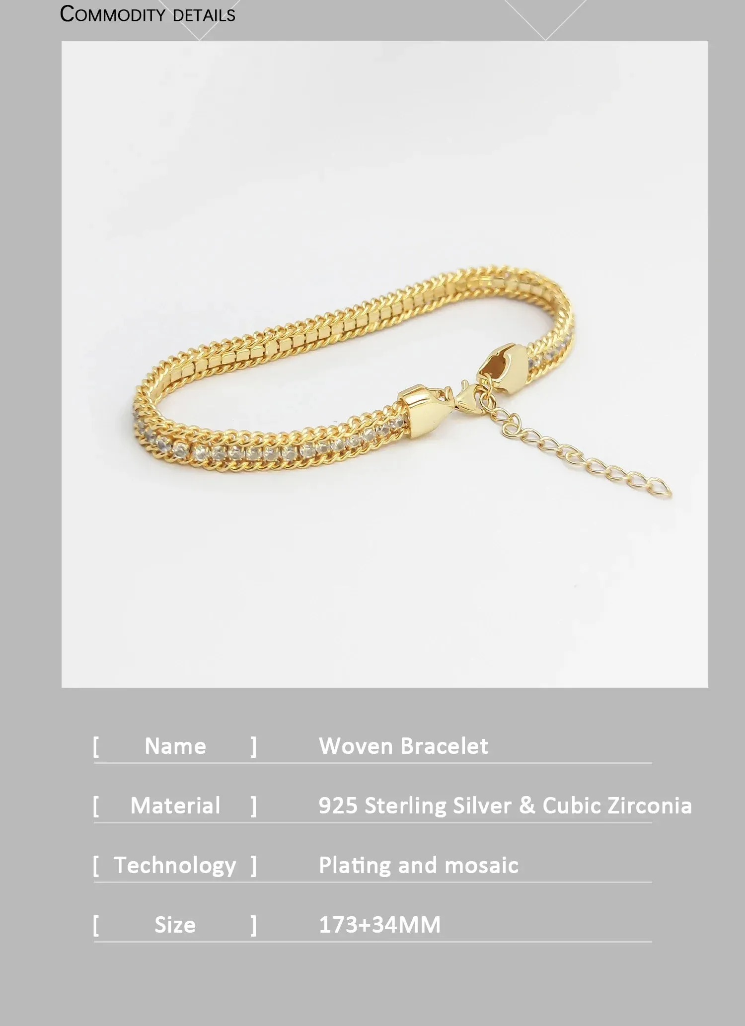 HESHI 925 Sterling Silver with Platinum Plated/18k Gold-Plated Glitter Woven Cubic Zirconia Fashion Bracelet Gift for Women Men