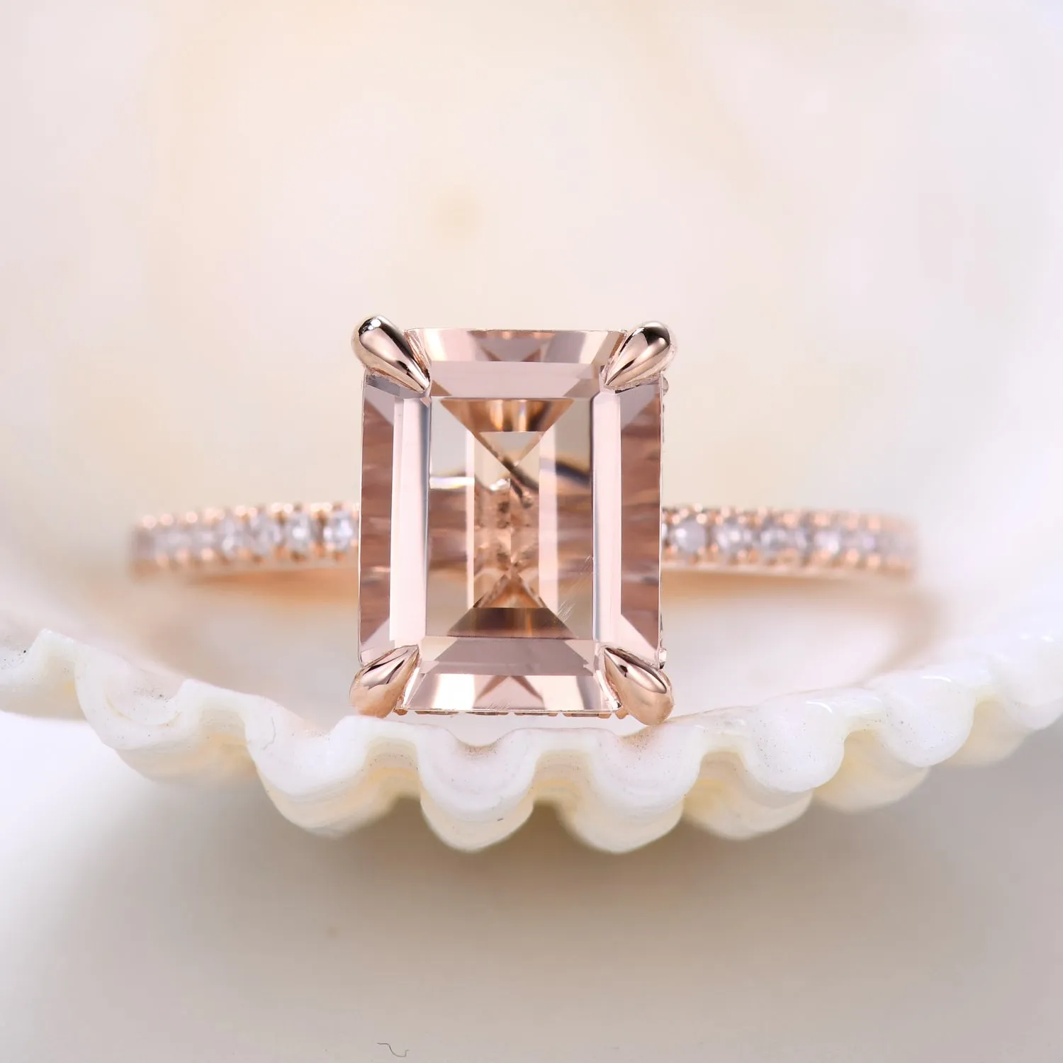 Hidden Halo 6x8mm Emerald Cut Morganite Engagement Ring Rose Gold with Diamond