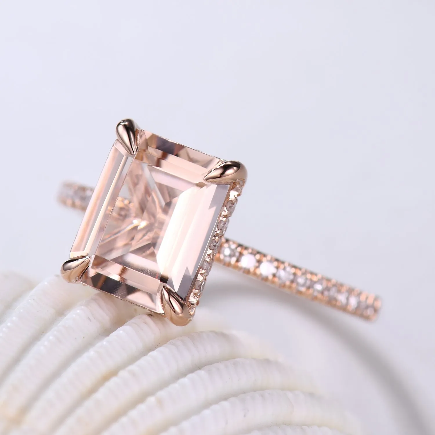 Hidden Halo 6x8mm Emerald Cut Morganite Engagement Ring Rose Gold with Diamond