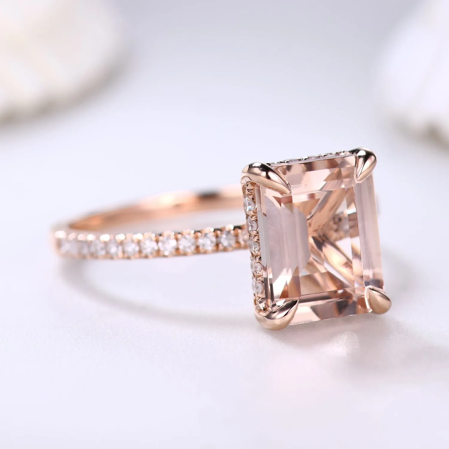 Hidden Halo 6x8mm Emerald Cut Morganite Engagement Ring Rose Gold with Diamond