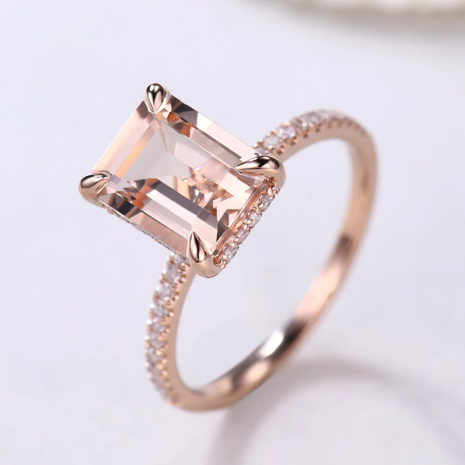 Hidden Halo 6x8mm Emerald Cut Morganite Engagement Ring Rose Gold with Diamond