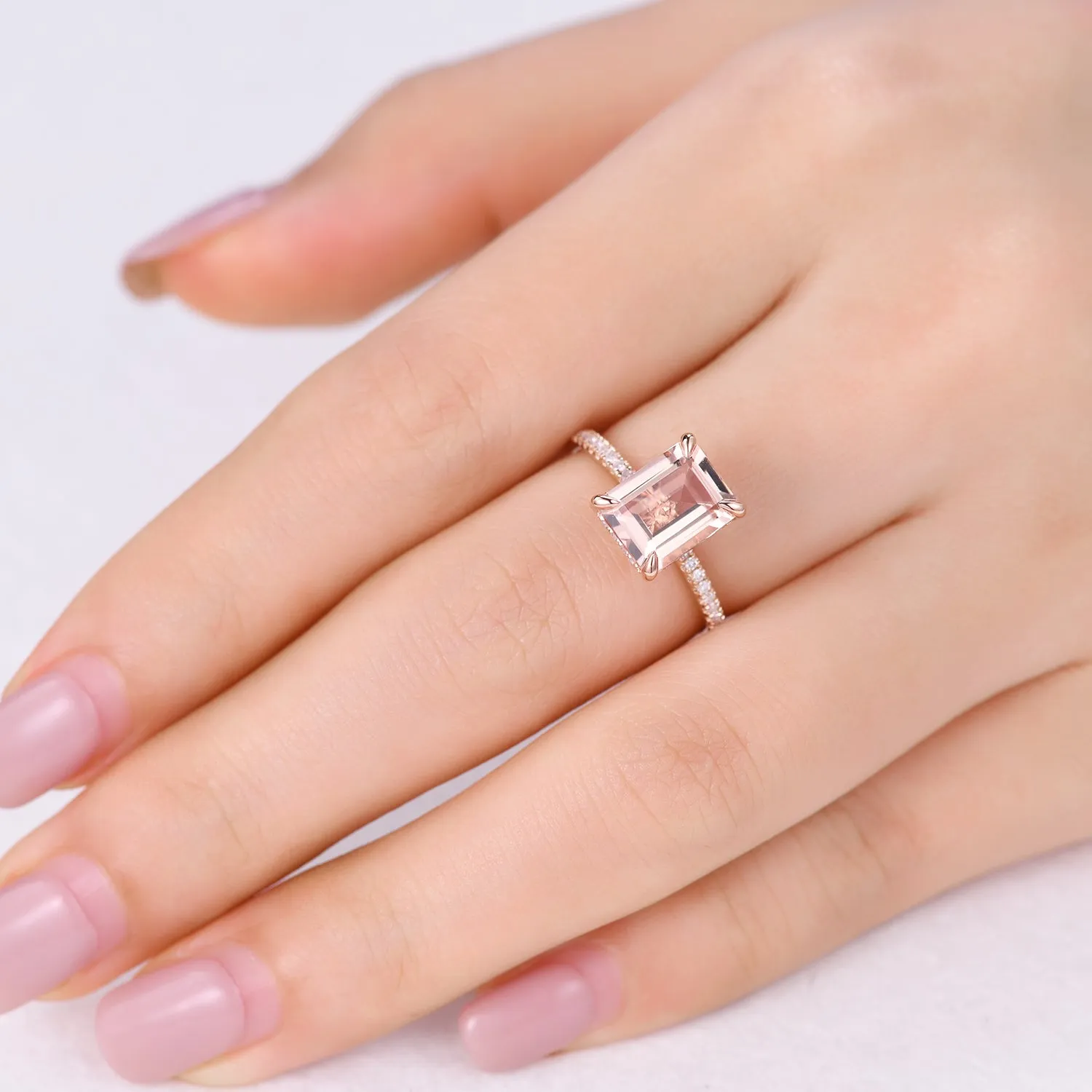 Hidden Halo 6x8mm Emerald Cut Morganite Engagement Ring Rose Gold with Diamond