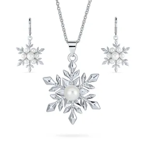 Holiday Pendant Necklace & Pearl Snowflake Earrings Jewelry Set Silver Plated
