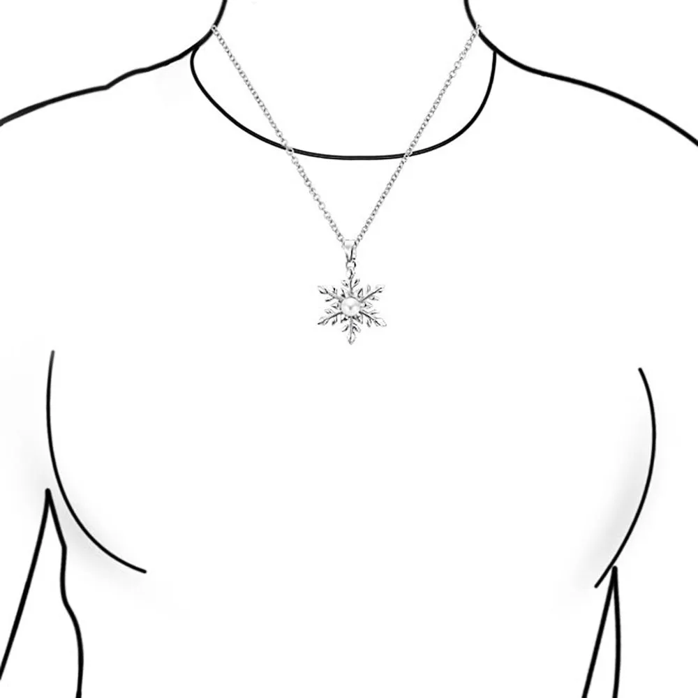 Holiday Pendant Necklace & Pearl Snowflake Earrings Jewelry Set Silver Plated