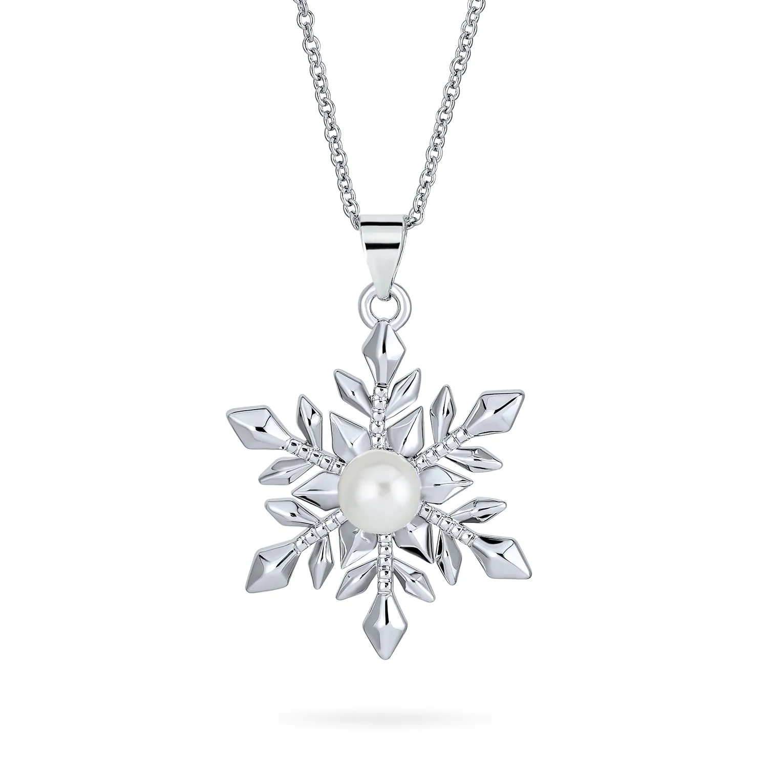 Holiday Pendant Necklace & Pearl Snowflake Earrings Jewelry Set Silver Plated