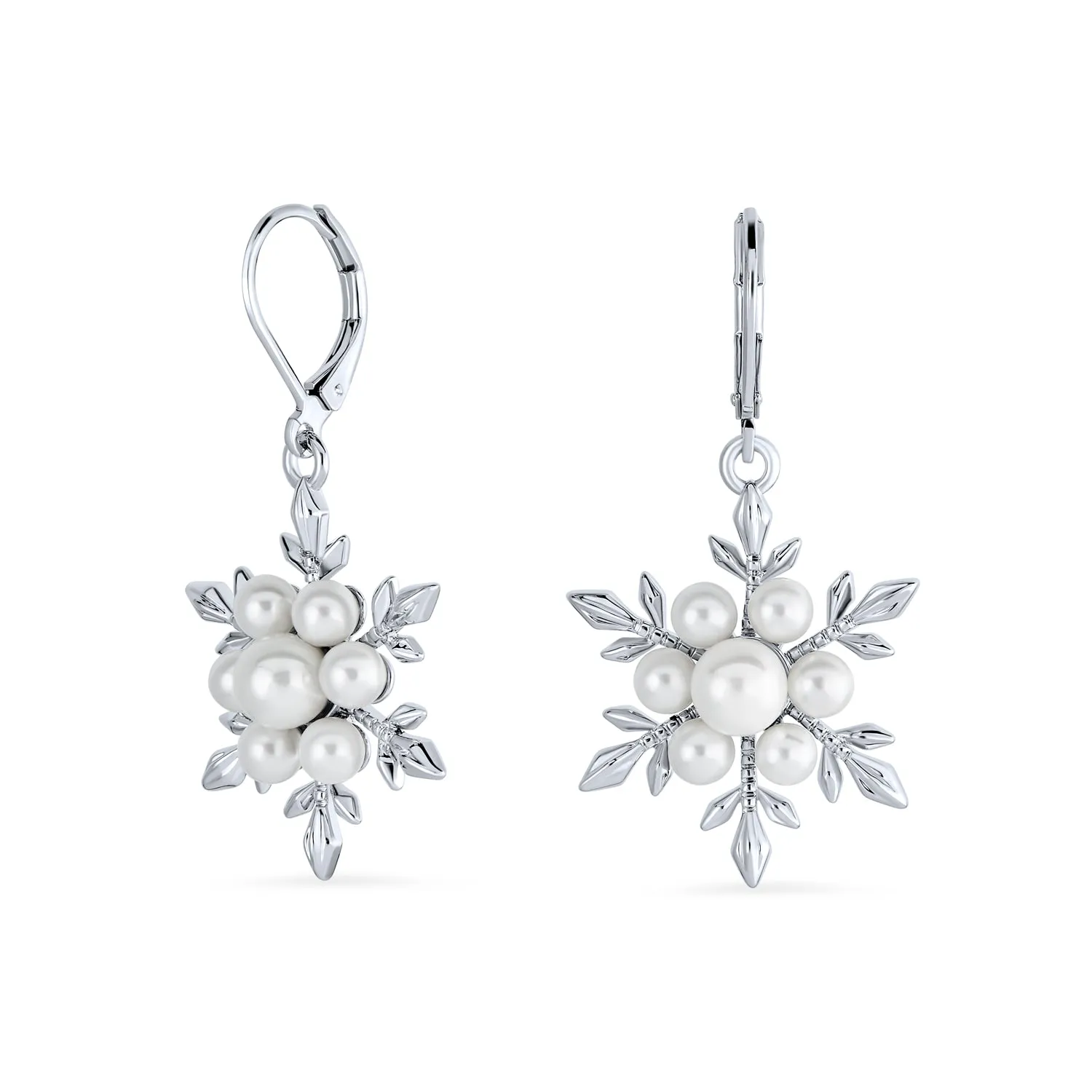 Holiday Pendant Necklace & Pearl Snowflake Earrings Jewelry Set Silver Plated
