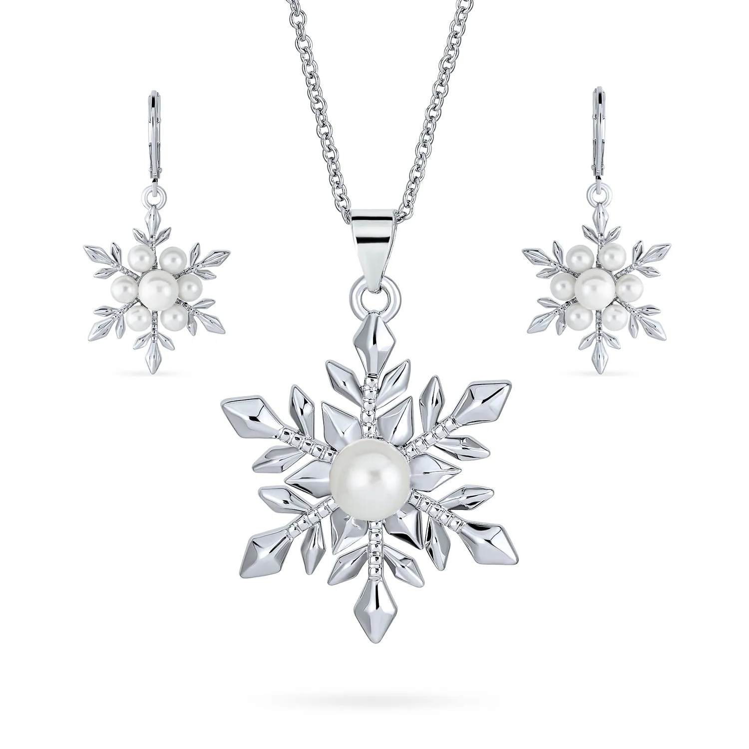 Holiday Pendant Necklace & Pearl Snowflake Earrings Jewelry Set Silver Plated