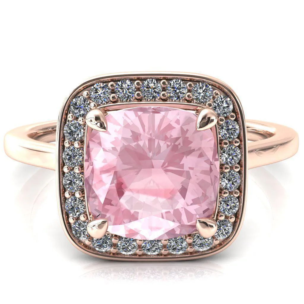 Holly Cushion Pink Sapphire 4 Prong Pinpoint Floating Halo Scalloped Cathedral Ring
