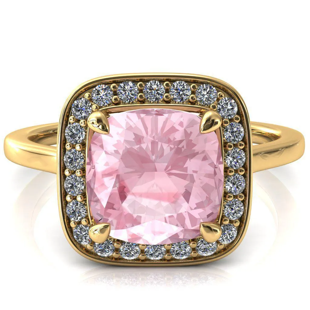 Holly Cushion Pink Sapphire 4 Prong Pinpoint Floating Halo Scalloped Cathedral Ring