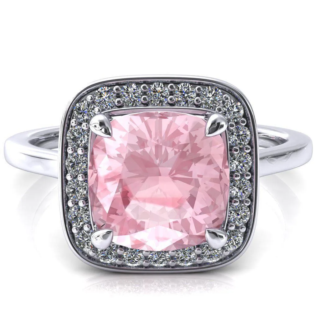 Holly Cushion Pink Sapphire 4 Prong Pinpoint Floating Halo Scalloped Cathedral Ring