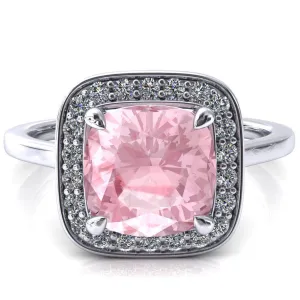 Holly Cushion Pink Sapphire 4 Prong Pinpoint Floating Halo Scalloped Cathedral Ring