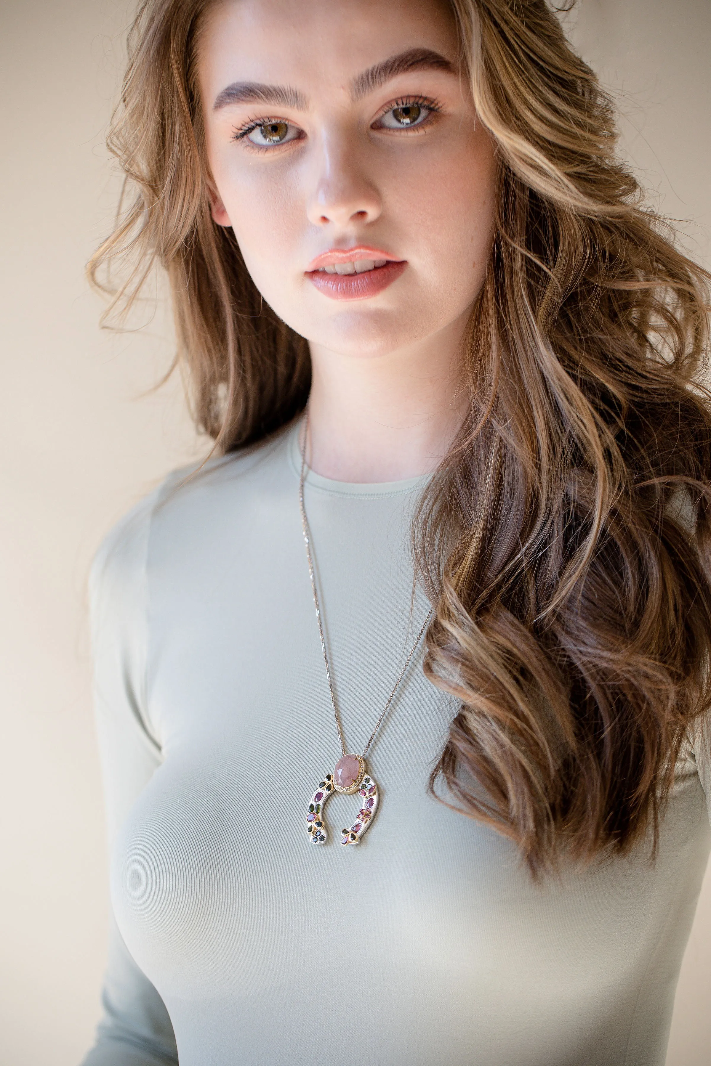 Horseshoe Necklace with Pink Sapphire and Diamond Crown