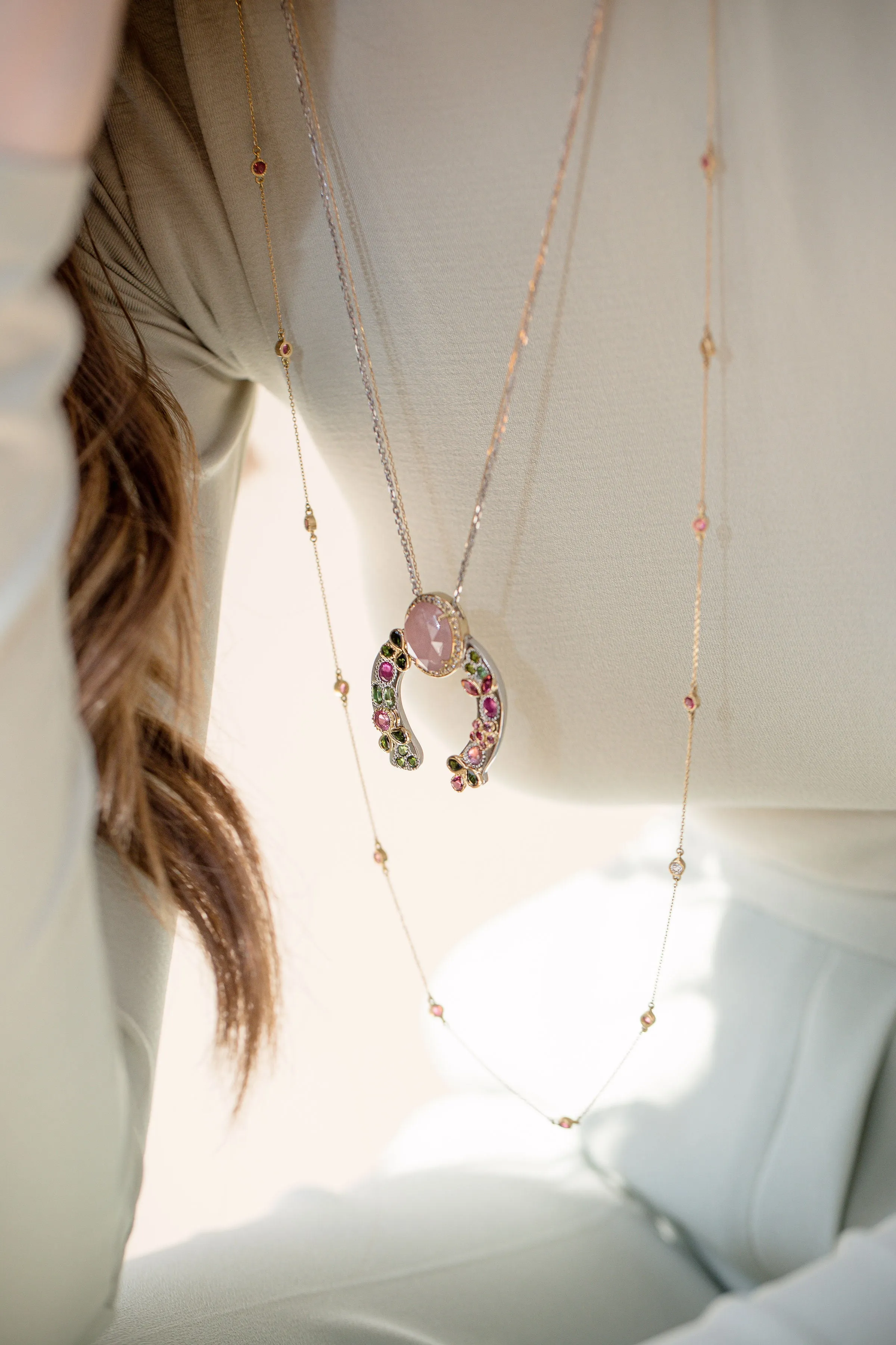 Horseshoe Necklace with Pink Sapphire and Diamond Crown