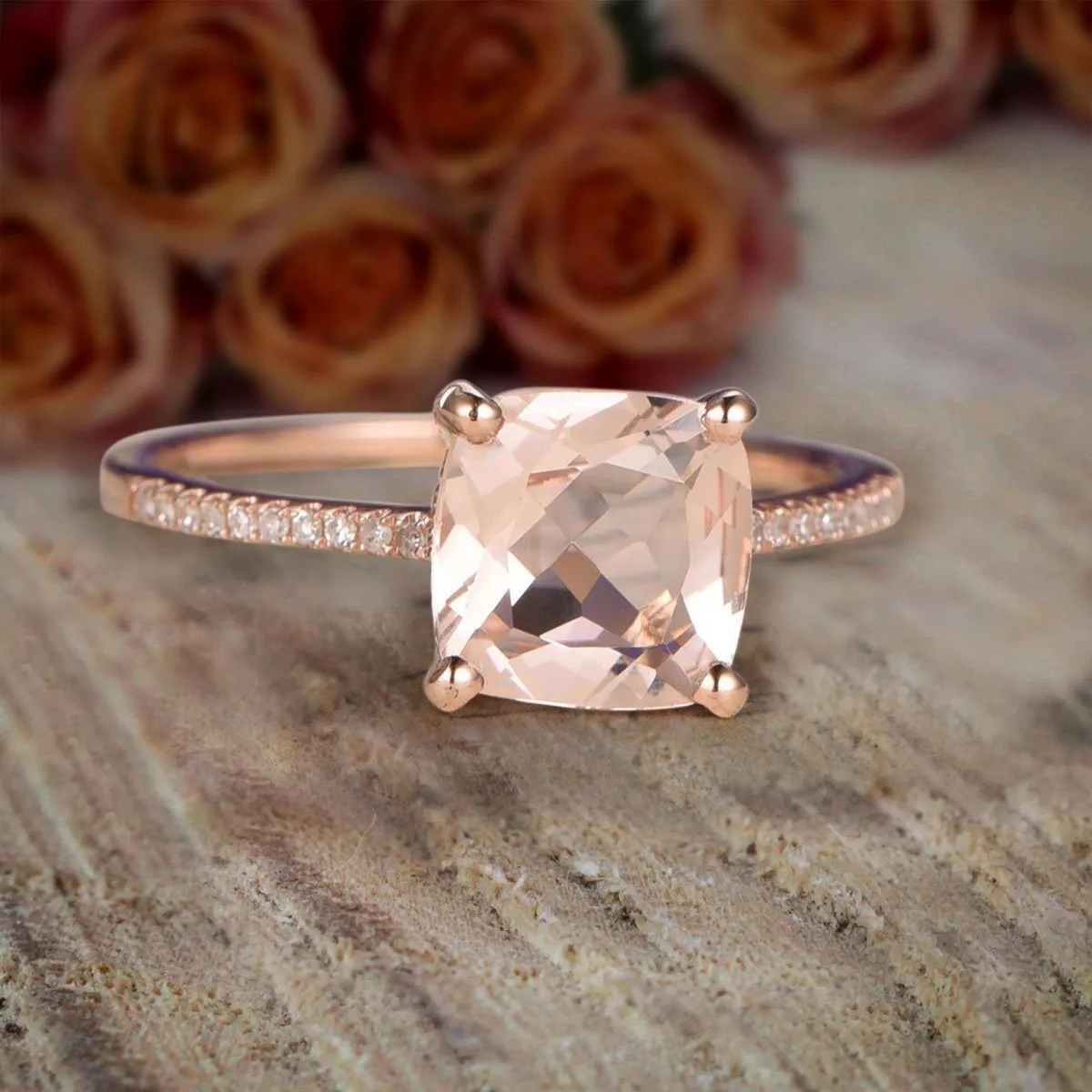 Huge Sale: 1.25 Carat Morganite Cushion Cut And Diamond Moissanite Engagement Ring With 18k Gold Plating