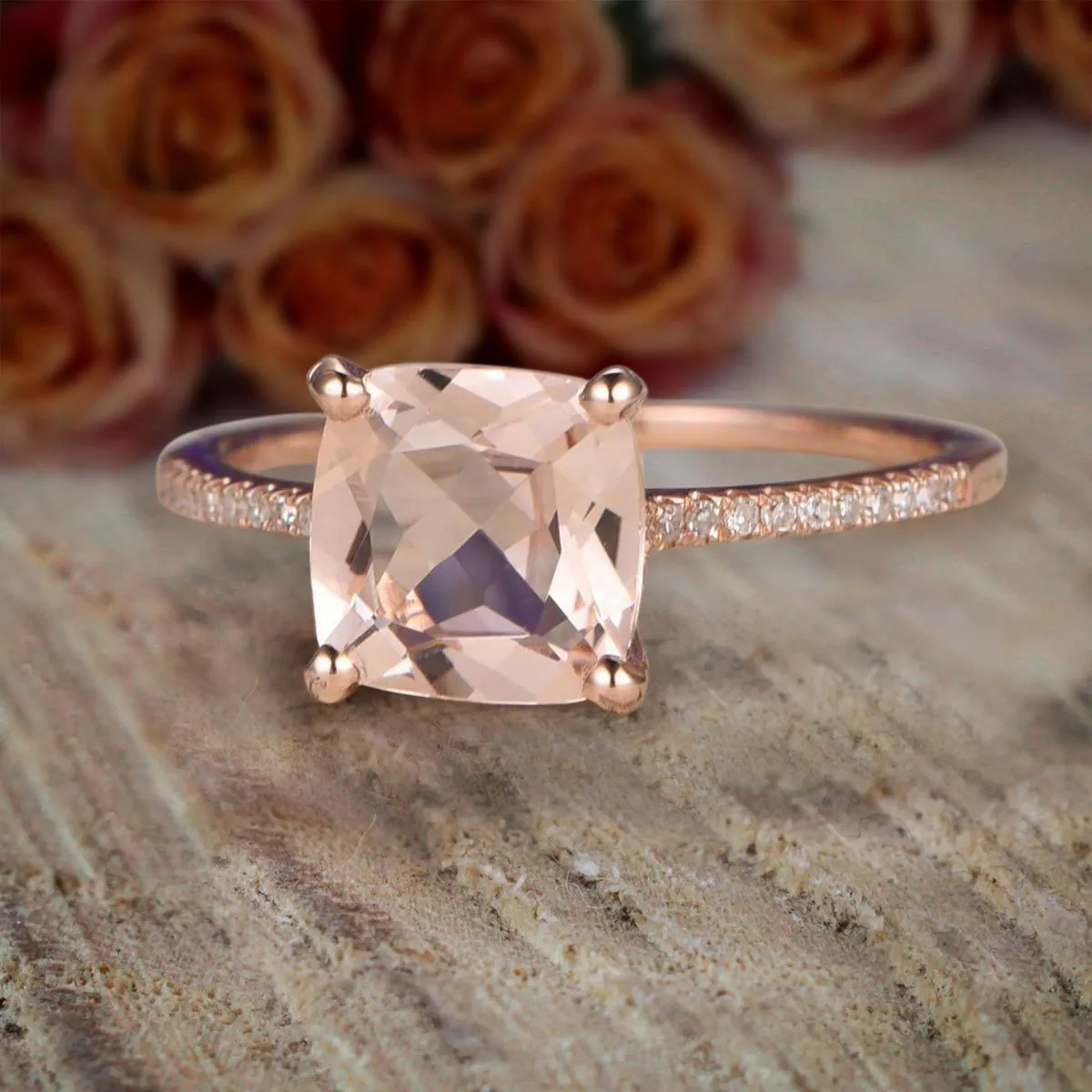Huge Sale: 1.25 Carat Morganite Cushion Cut And Diamond Moissanite Engagement Ring With 18k Gold Plating