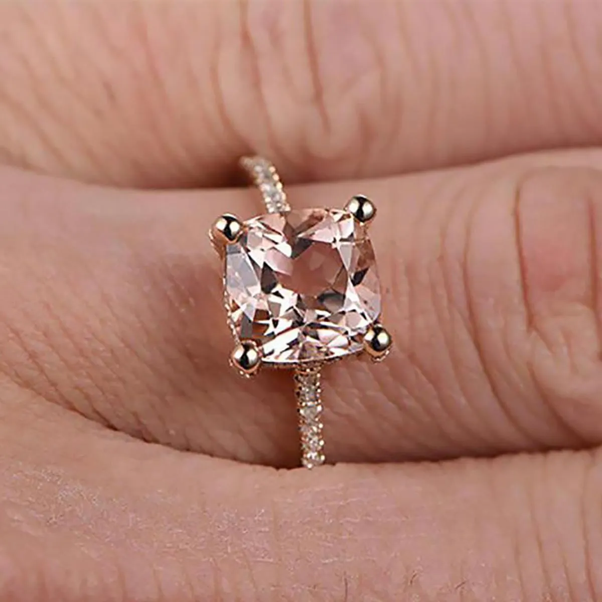 Huge Sale: 1.25 Carat Morganite Cushion Cut And Diamond Moissanite Engagement Ring With 18k Gold Plating