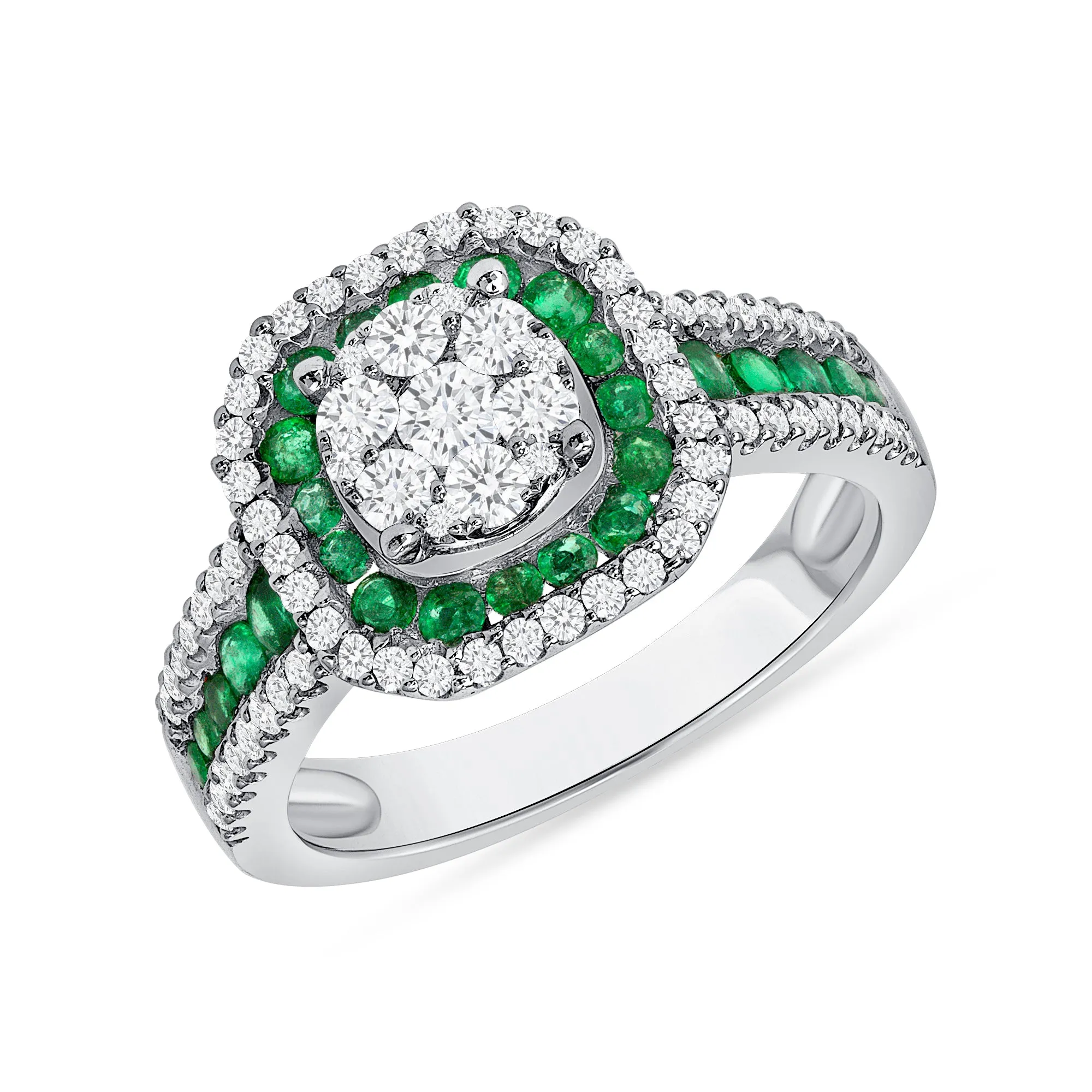 Illusion Emerald Cut Diamond and Emerald 18k White Gold Ring